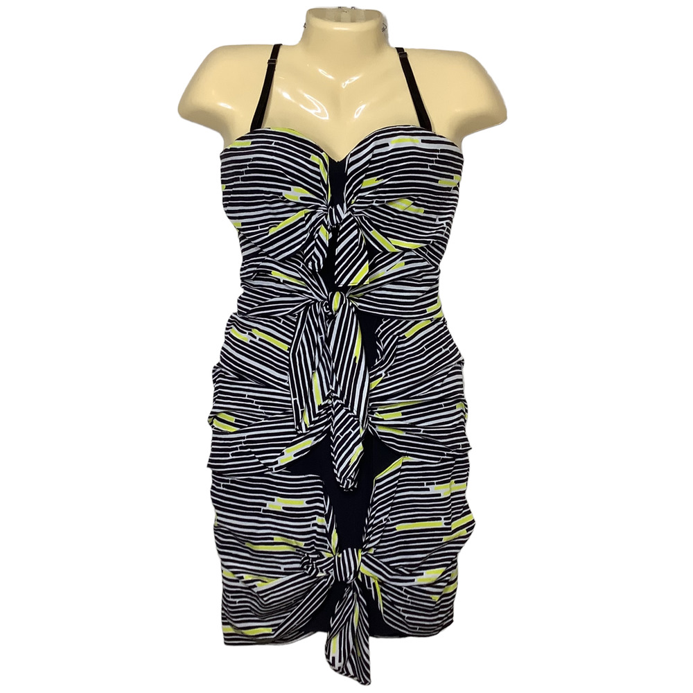 Veronica Beard Dress Womens 2 Black Yellow Stripe Silk Bodycon Mini Sweetheart
